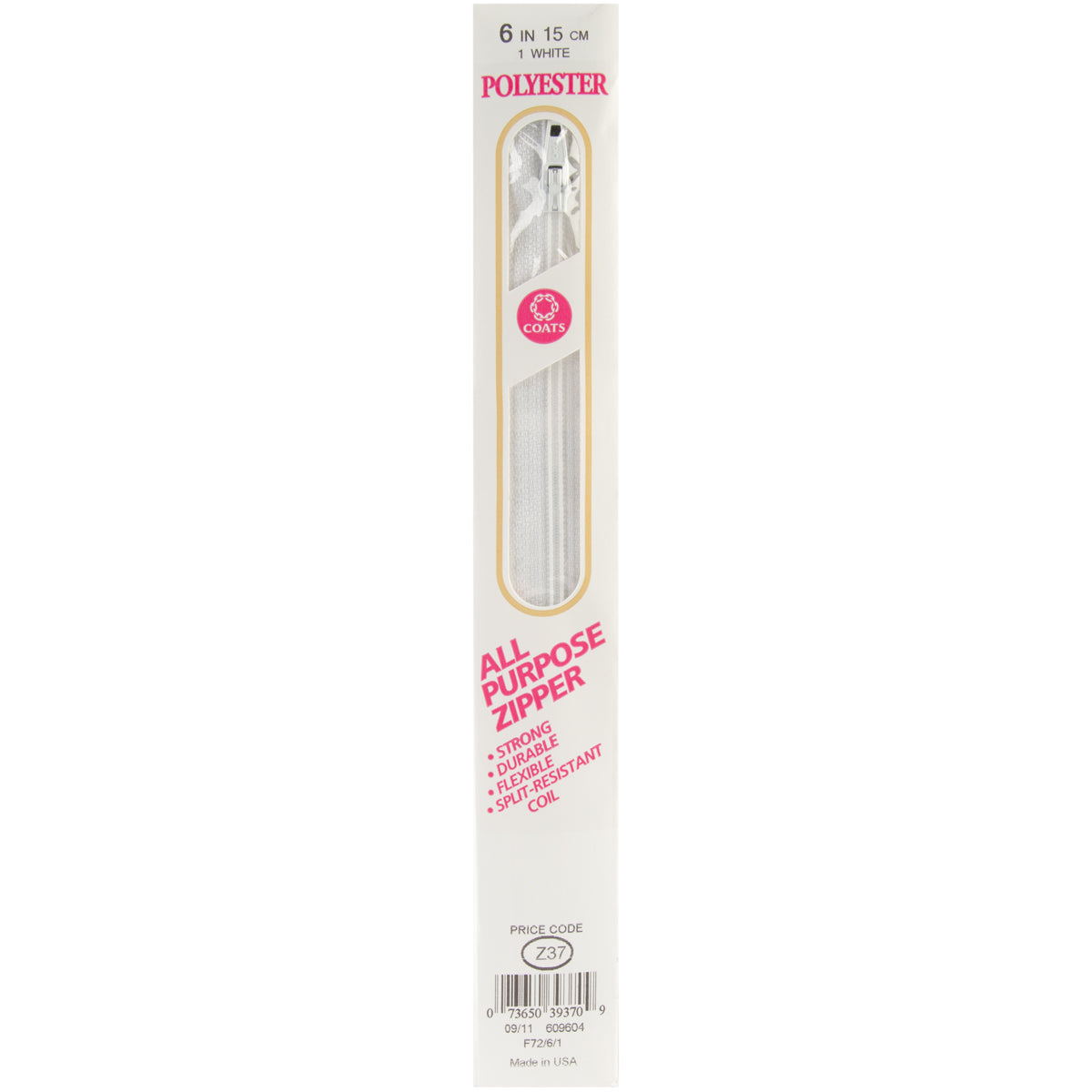 All-Purpose Plastic Zipper 6" White