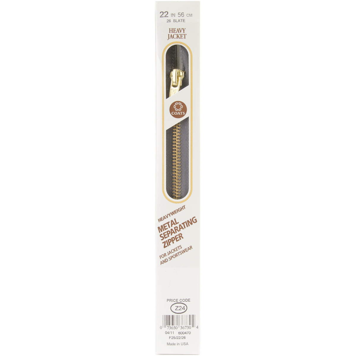 Heavyweight Brass Separating Metal Zipper 22" Slate