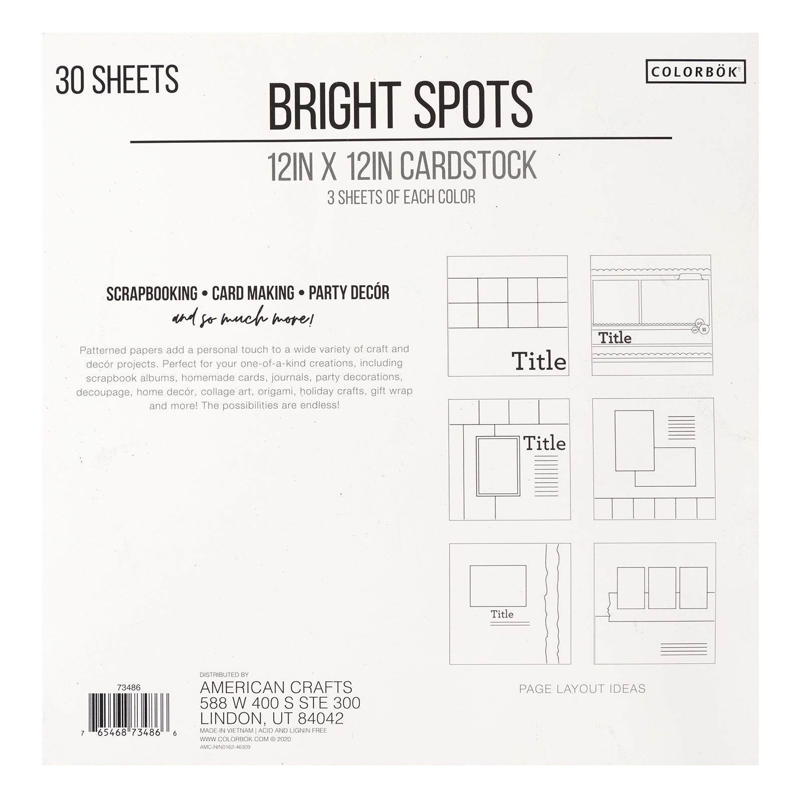 Colorbok 78lb Single-Sided Printed Cardstock 12"X12" 30/Pkg Bright Spots, 6 Colors/5 Each