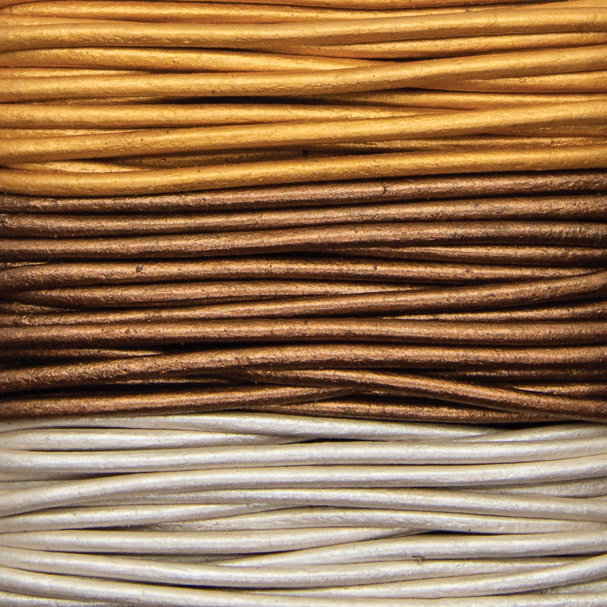 Round Leather Lace 2mmX9yd Carded Gold, Silver & Bronze