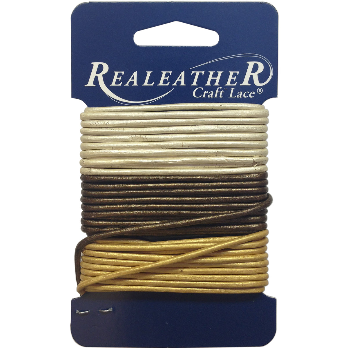 Round Leather Lace 2mmX9yd Carded Gold, Silver & Bronze