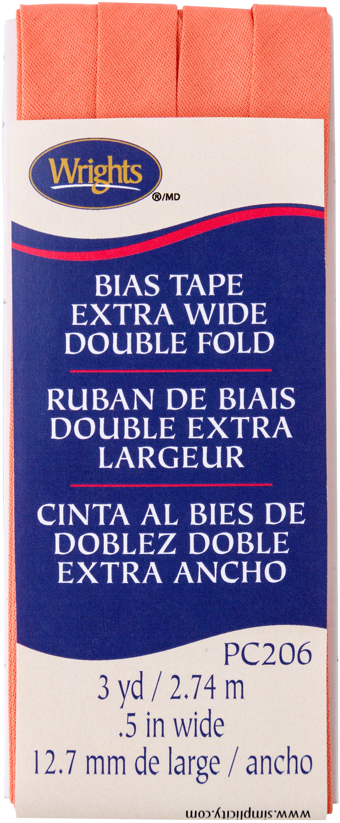 Wrights Double Fold Bias Tape 1/2"X3yd Coral