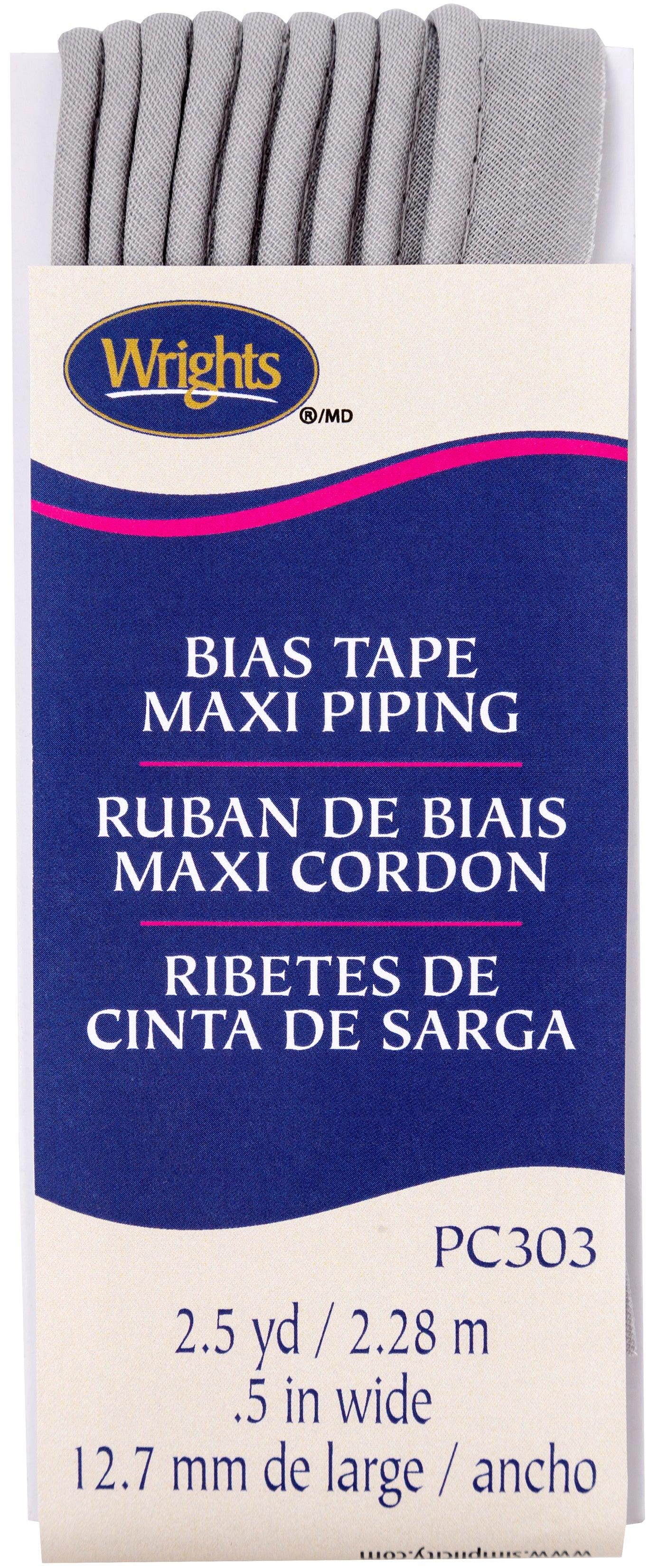 Wrights Bias Tape Maxi Piping 1/2"X2-1/2yd Medium Grey