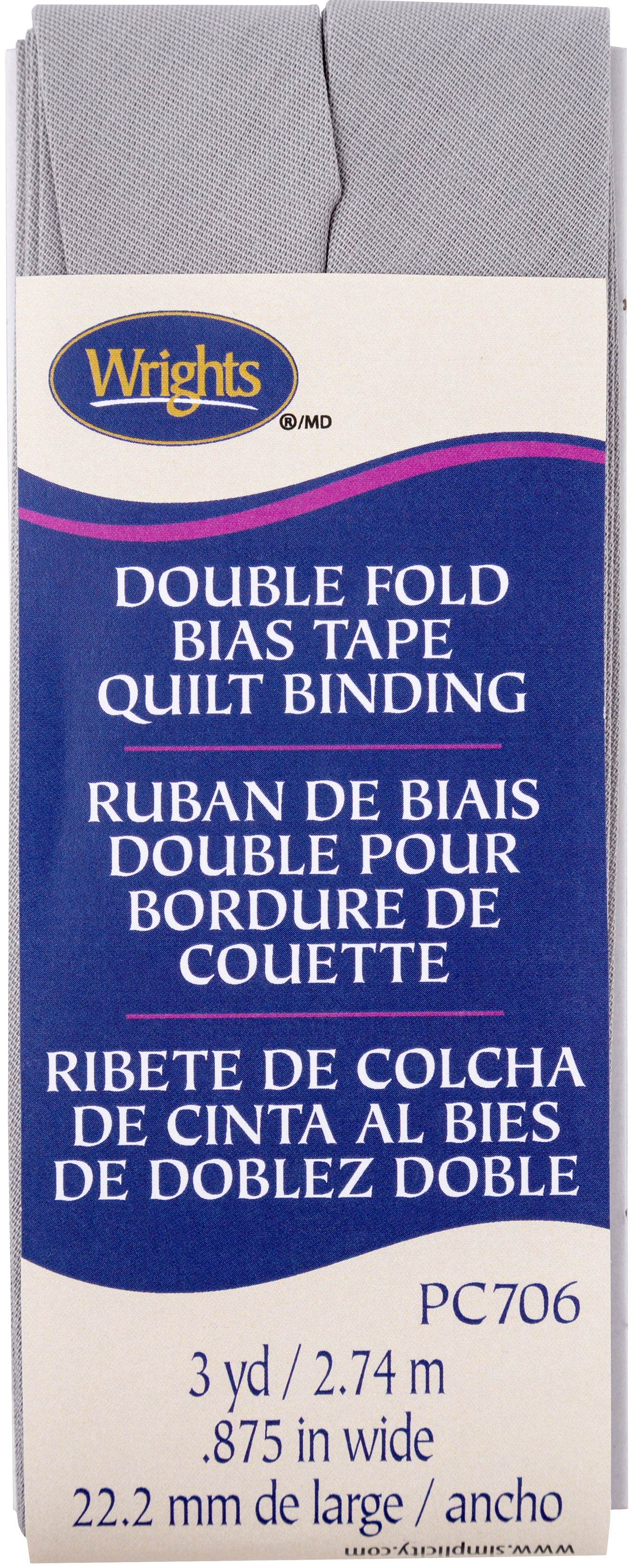 Wrights Double Fold Quilt Binding 7/8"X3yd Medium Grey