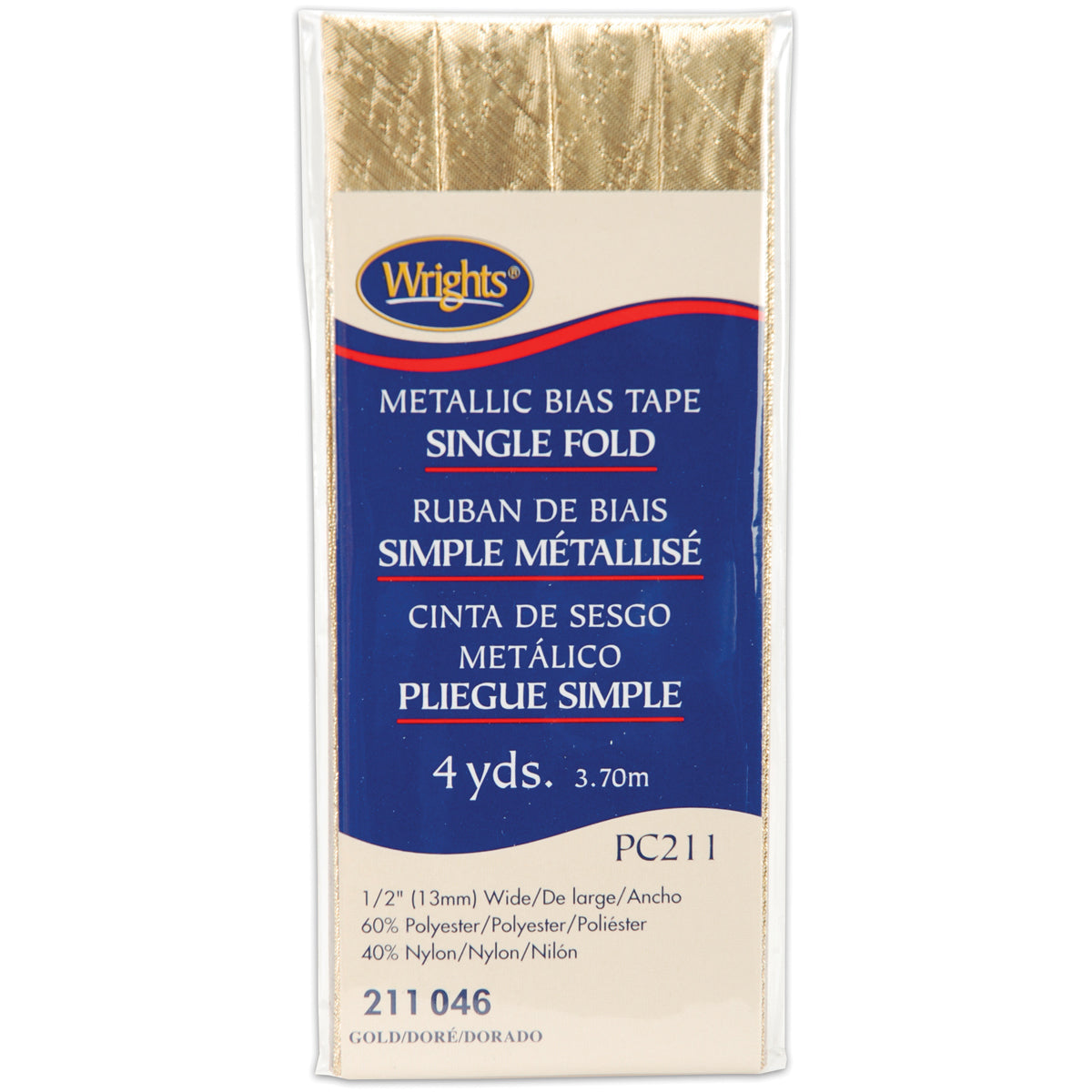 Single Fold Lame' Bias Tape 1/2"X4yd Gold