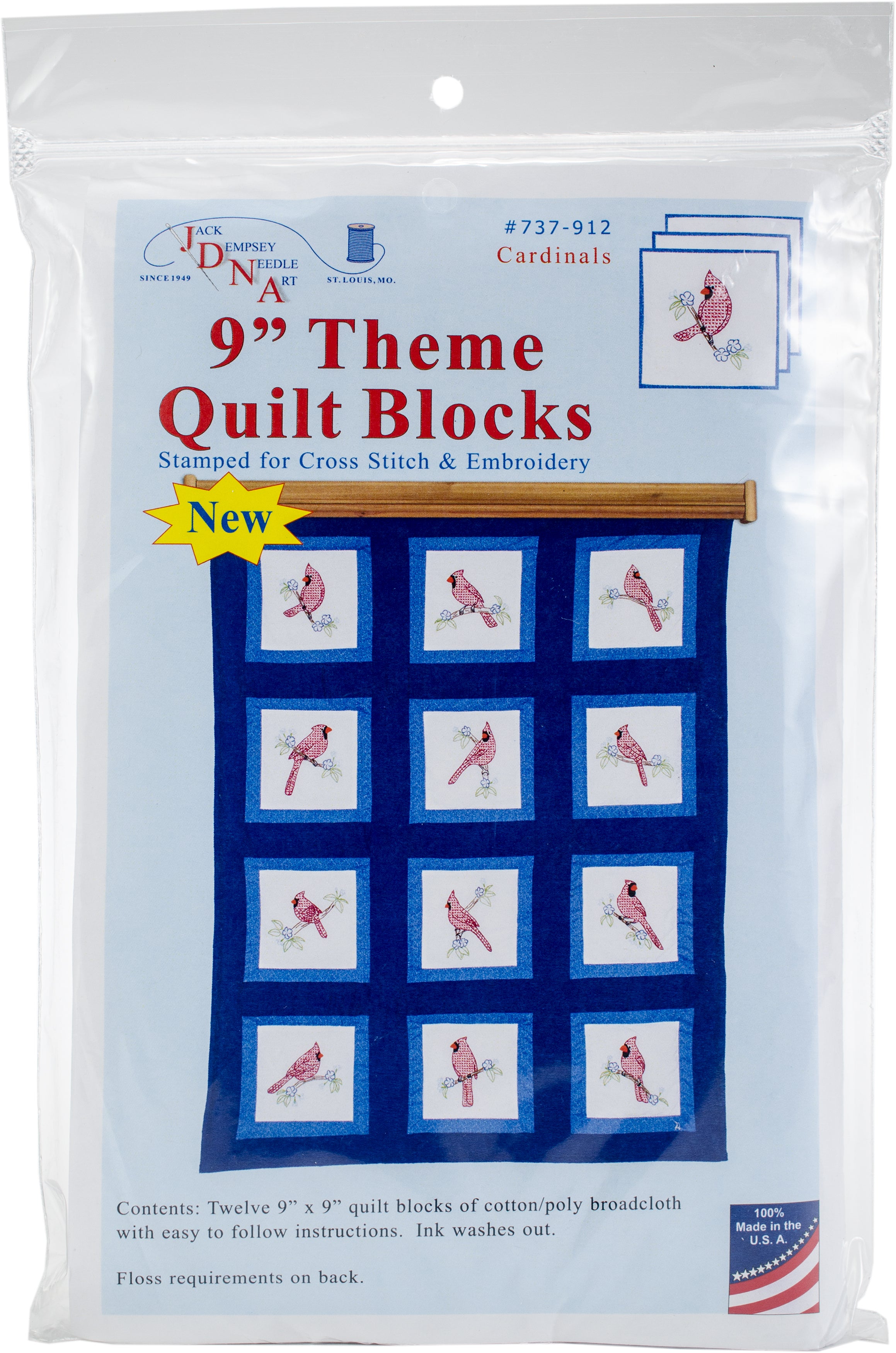 Jack Dempsey Themed Stamped White Quilt Blocks 9"X9" 12/Pkg Cardinals