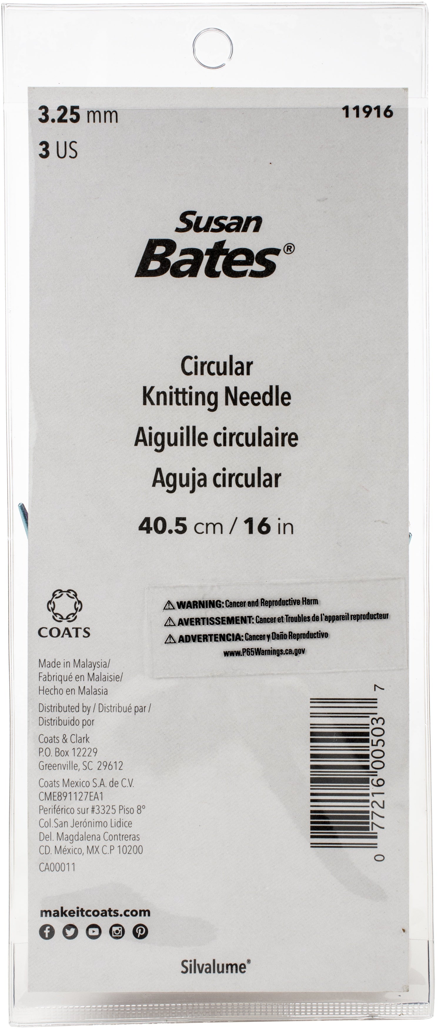 Silvalume Circular Knitting Needles 16" Size 3/3.25mm