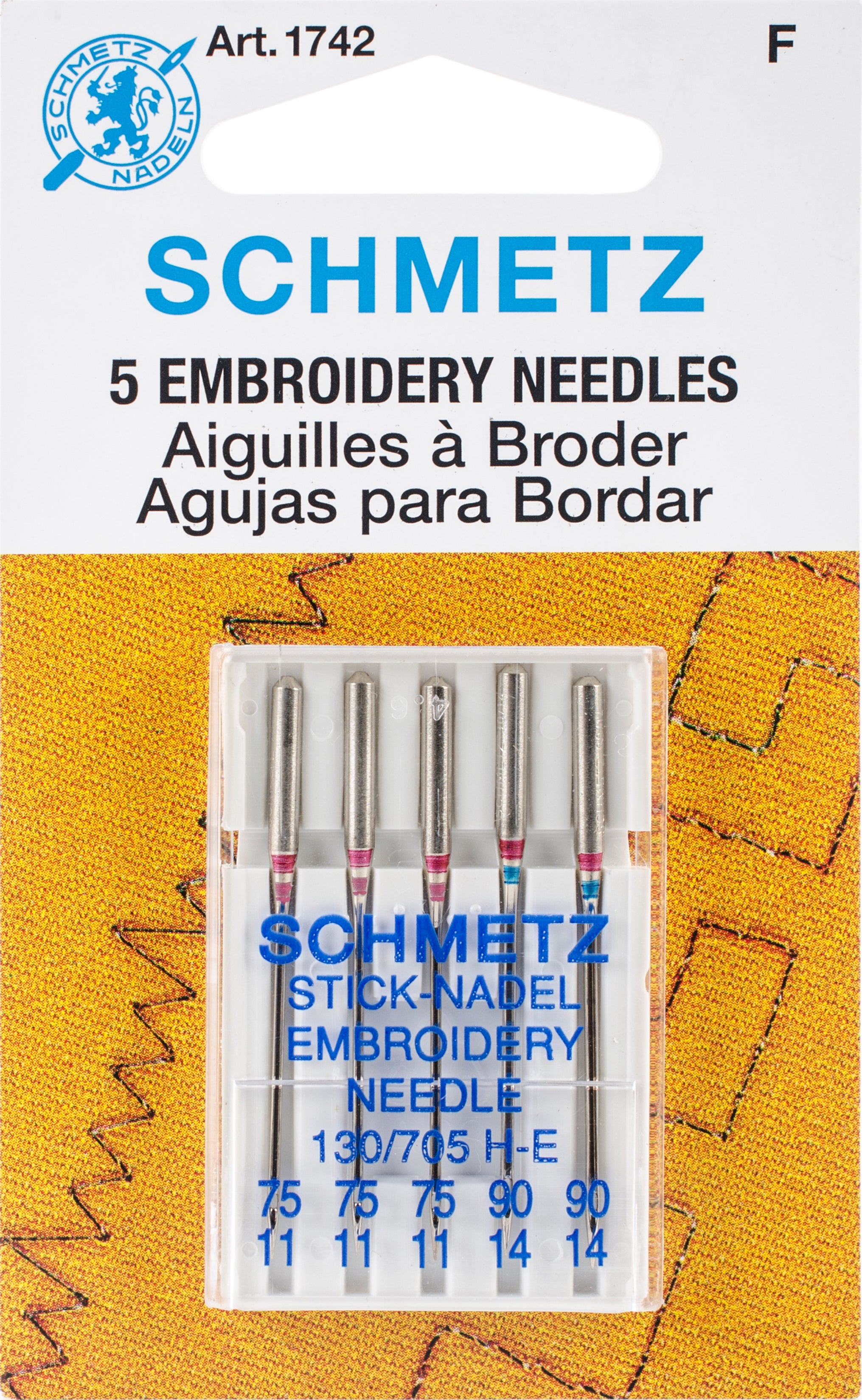 Embroidery Machine Needles Sizes 11/75 (3) & 14/90 (2)
