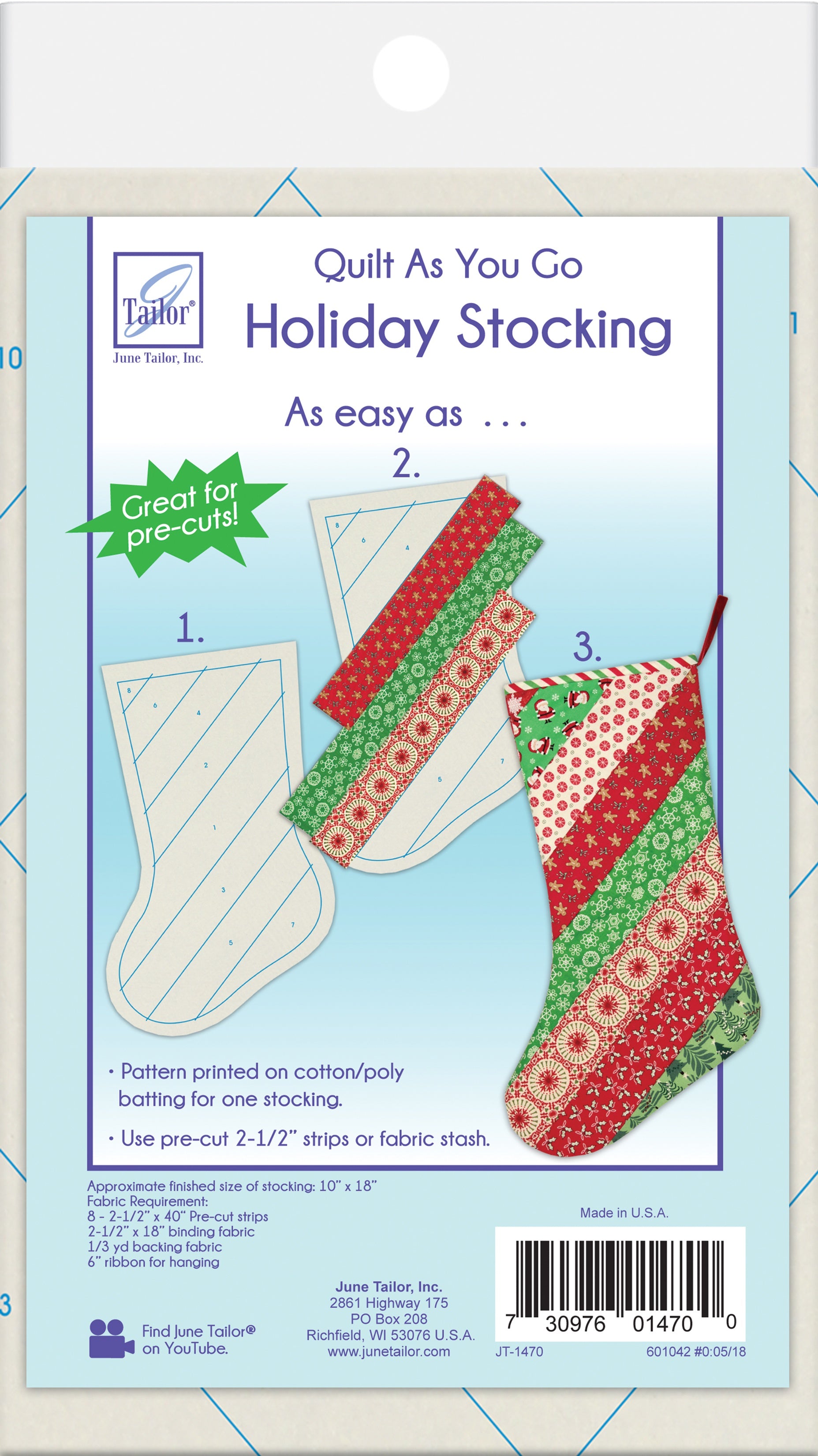 June Tailor Quilt As You Go Holiday Stocking  Finished Size 10"X18"