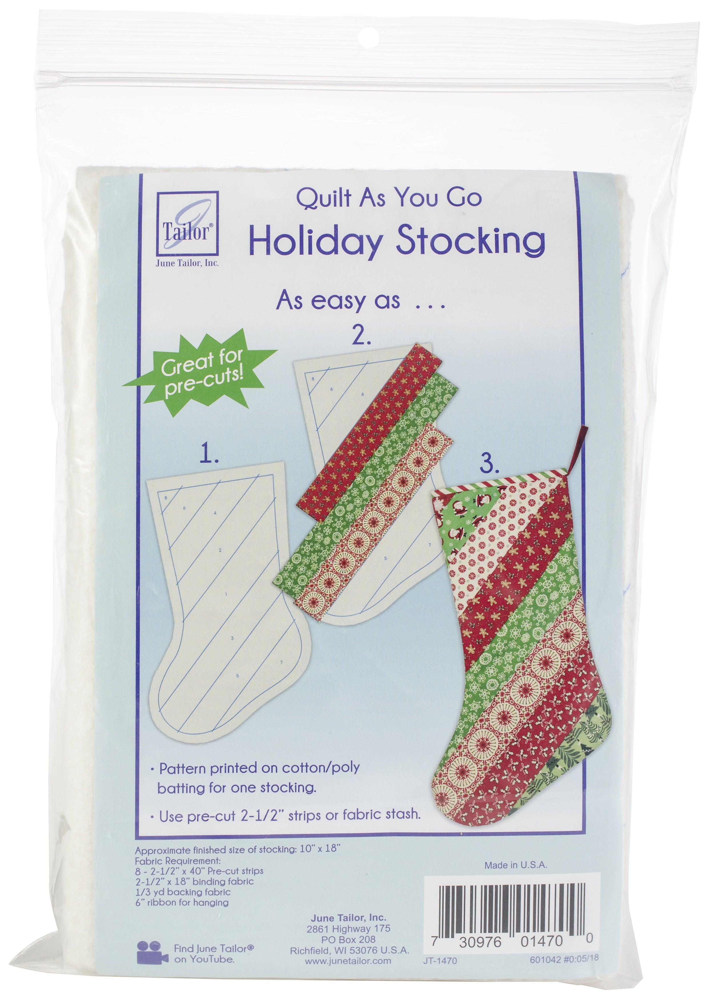 June Tailor Quilt As You Go Holiday Stocking  Finished Size 10"X18"