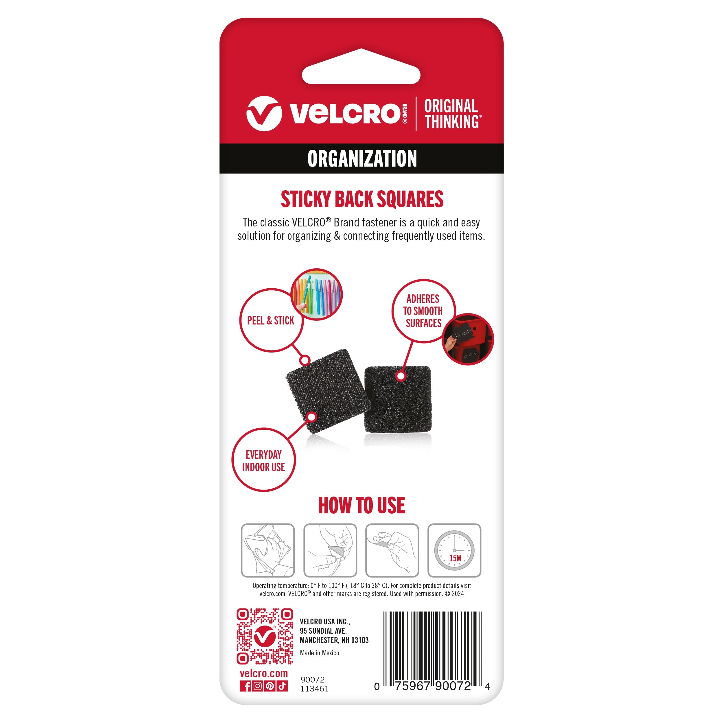 VELCRO(R) Brand STICKY BACK Squares 7/8" 12/Pkg Black