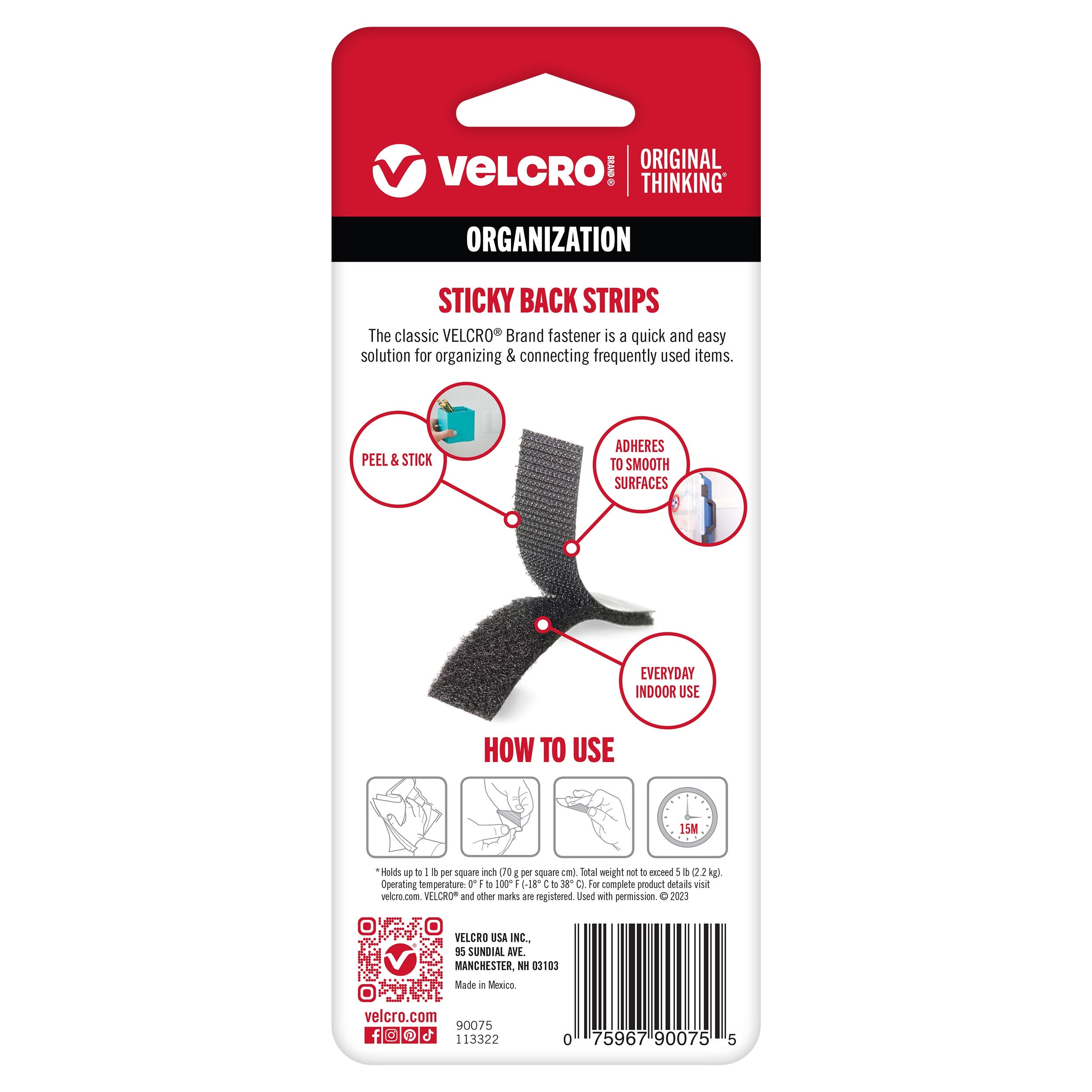 VELCRO(R) Brand STICKY BACK Tape 3/4"X3-1/2" 4/Pkg Black