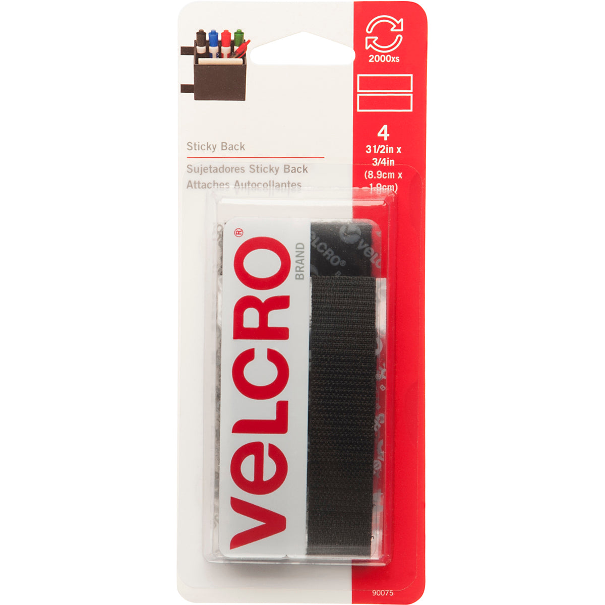VELCRO(R) Brand STICKY BACK Tape 3/4"X3-1/2" 4/Pkg Black