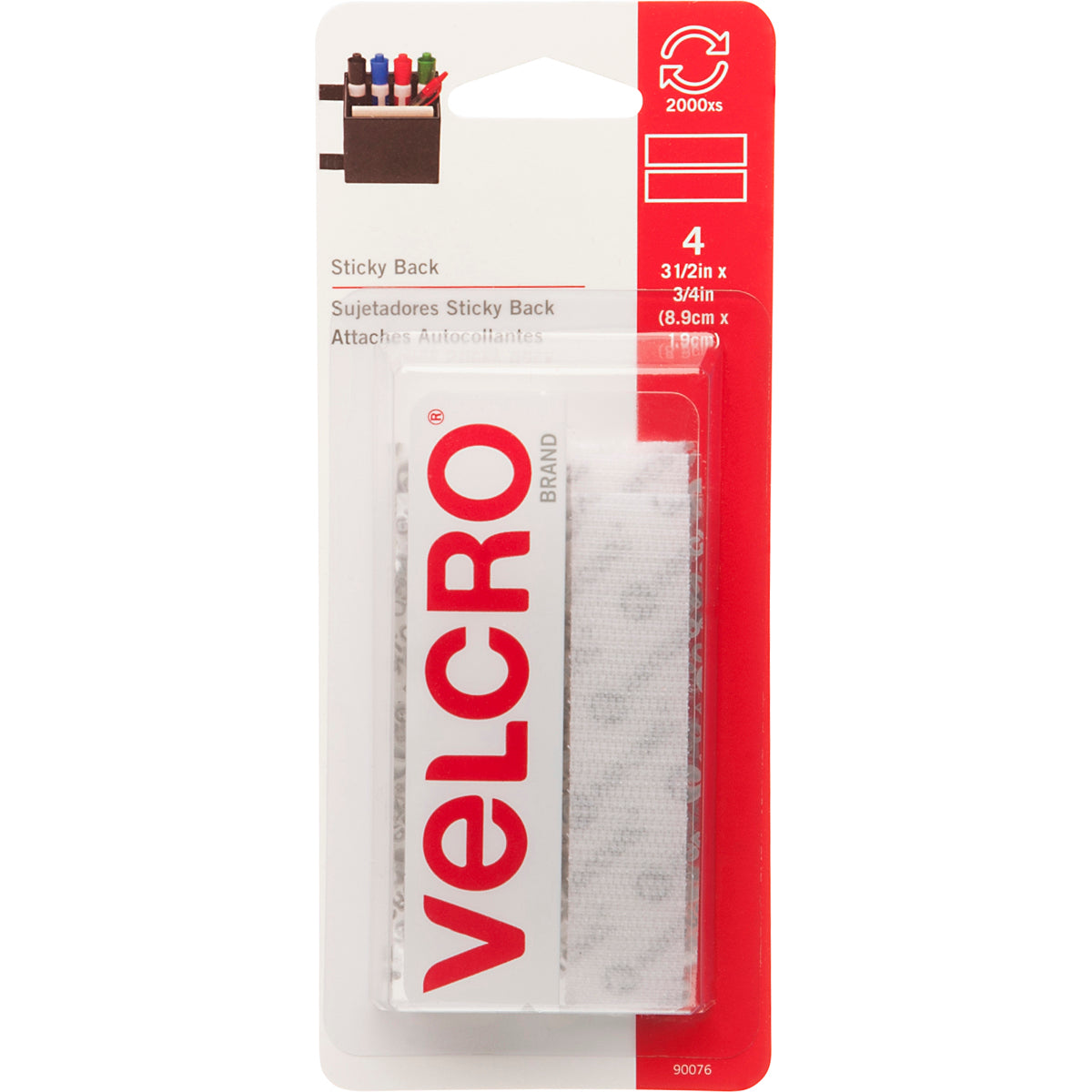 VELCRO(R) Brand STICKY BACK Tape 3/4"X3-1/2" 4/Pkg White