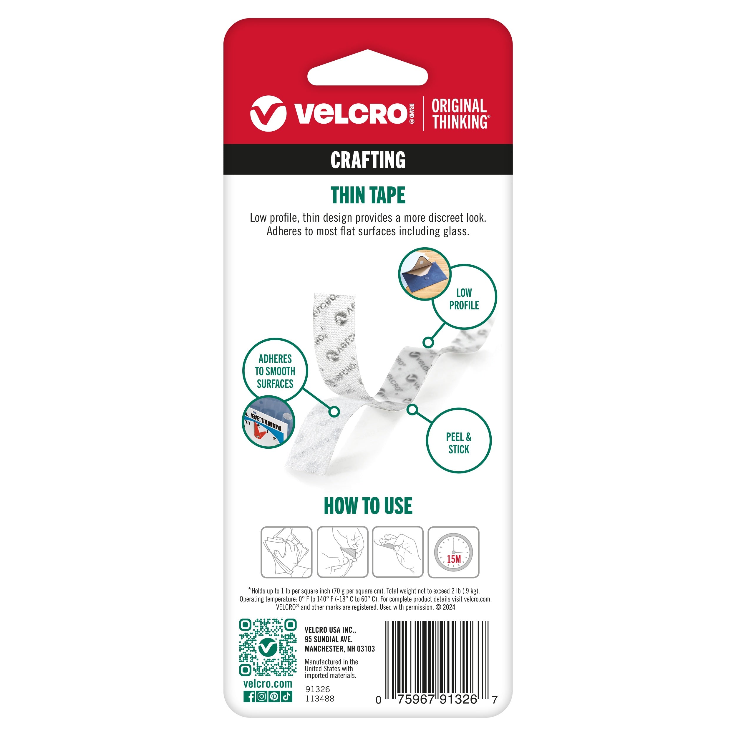 VELCRO(R) Brand Thin Fasteners Tape 3/4"X18" Clear