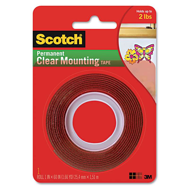 Scotch® Double-Sided Mounting Tape, Industrial Strength, 1" x 60", Clear/Red Liner