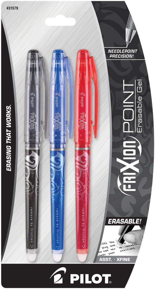 Pilot FriXion Extra Fine Point Erasable Gel Pens 3/Pkg Black, Blue & Red