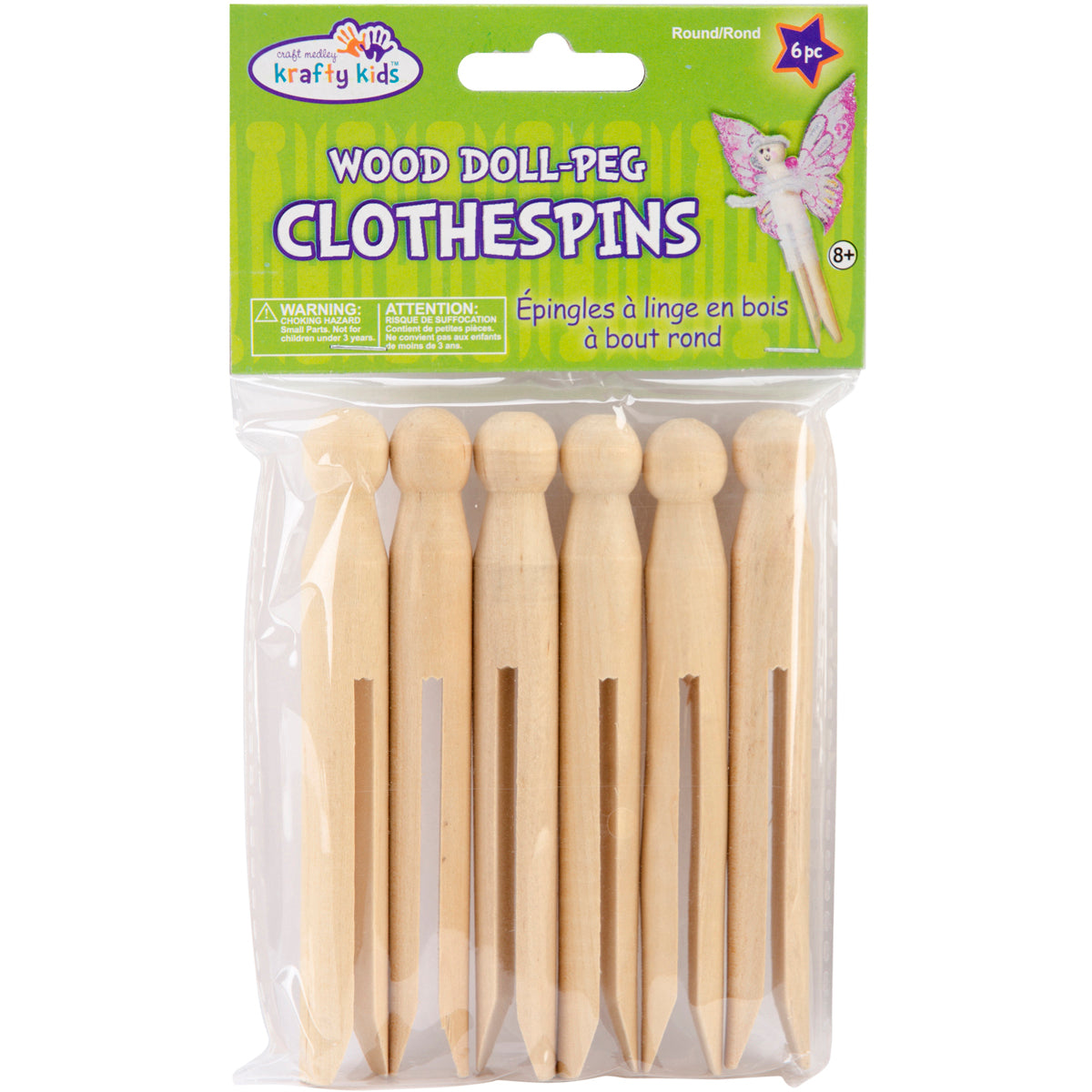 Wood Doll-Peg Clothespins Round Natural 4.25" 6/Pkg