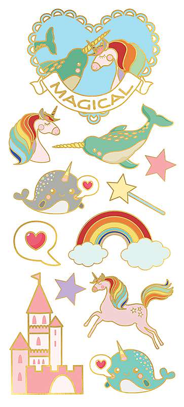 Paper House Sticky Pix Faux Enamel Stickers 8"X3" Unicorns, Narwhals & Castles, 12/Pkg