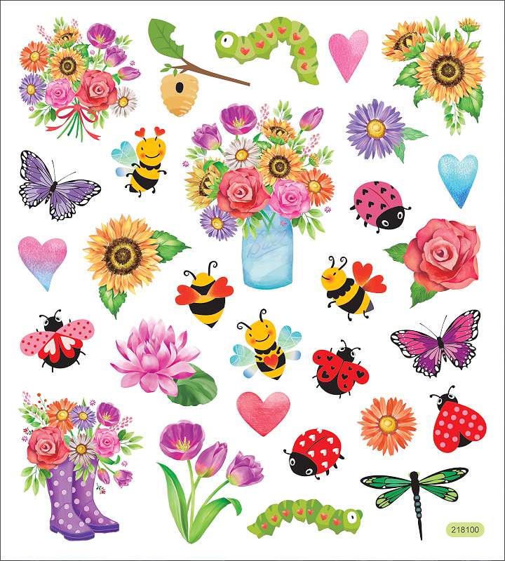 Multicolored Stickers Spring Flowers & Bugs
