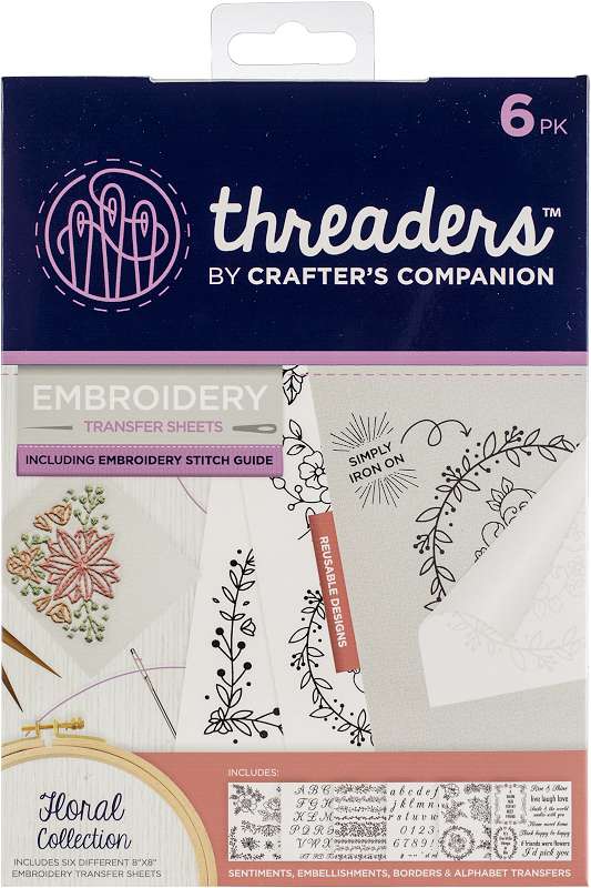 Crafter's Companion Threaders Embroidery Transfer Sheets Floral Collection 8"X8" 6/Pkg
