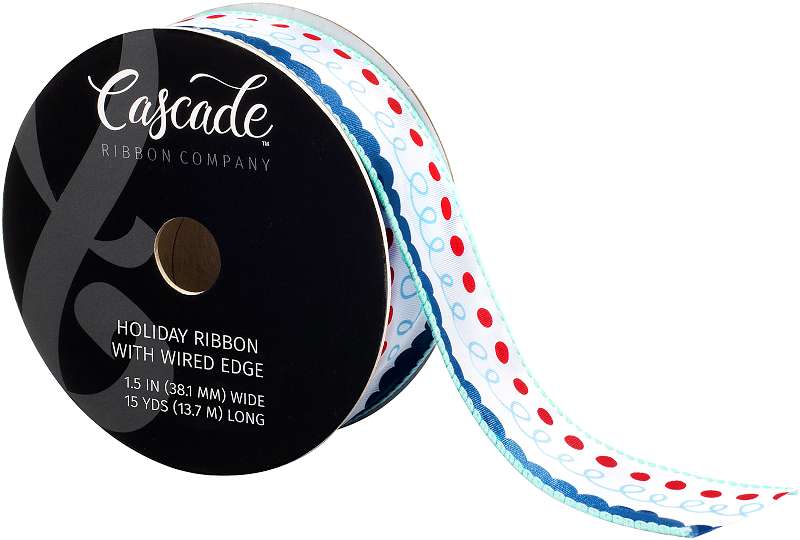 Cascade Satin Ribbon W/Wired Edge 1.5"X15yd White & Lght Blue W/Scalloped Edge