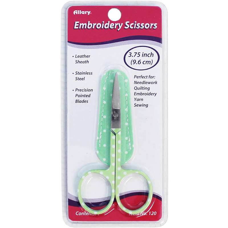 Allary Embroidery Scissors W/Leather Sheath Asst. 3.5"-Pink, Green, Blue W/White, White W/Multi