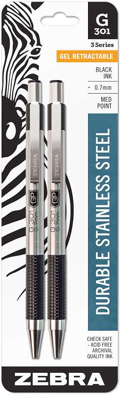 Zebra G301 Stainless Steel Gel Retractable Pen 2/Pkg Black Ink 0.7mm Medium Point