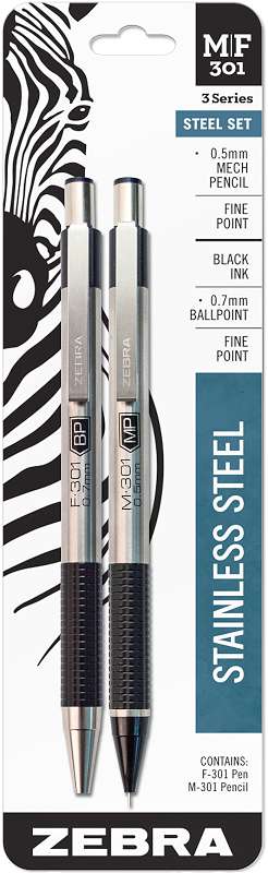 Zebra M/F 301 Stainless Steel Pen & Pencil Set 2/Pkg Pen 0.7mm & Mechanical Pencil 0.5mm