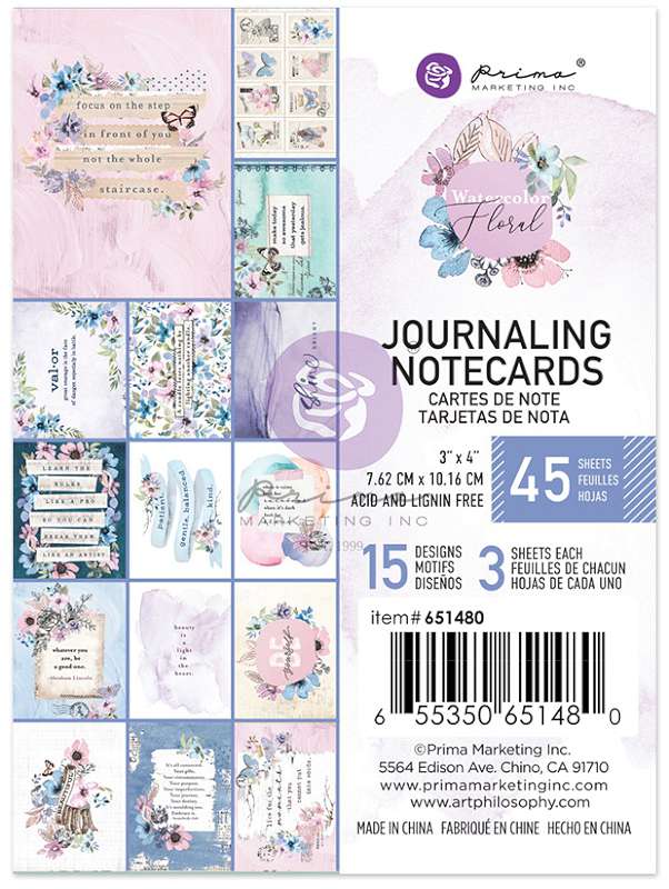 Watercolor Floral Journaling Cards 3"X4" 45/Pkg 15 Designs/3 Each