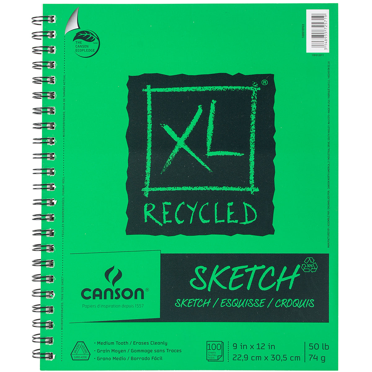 Canson XL Recycled Side Spiral Sketch Paper Pad 9"X12" 100 Sheets