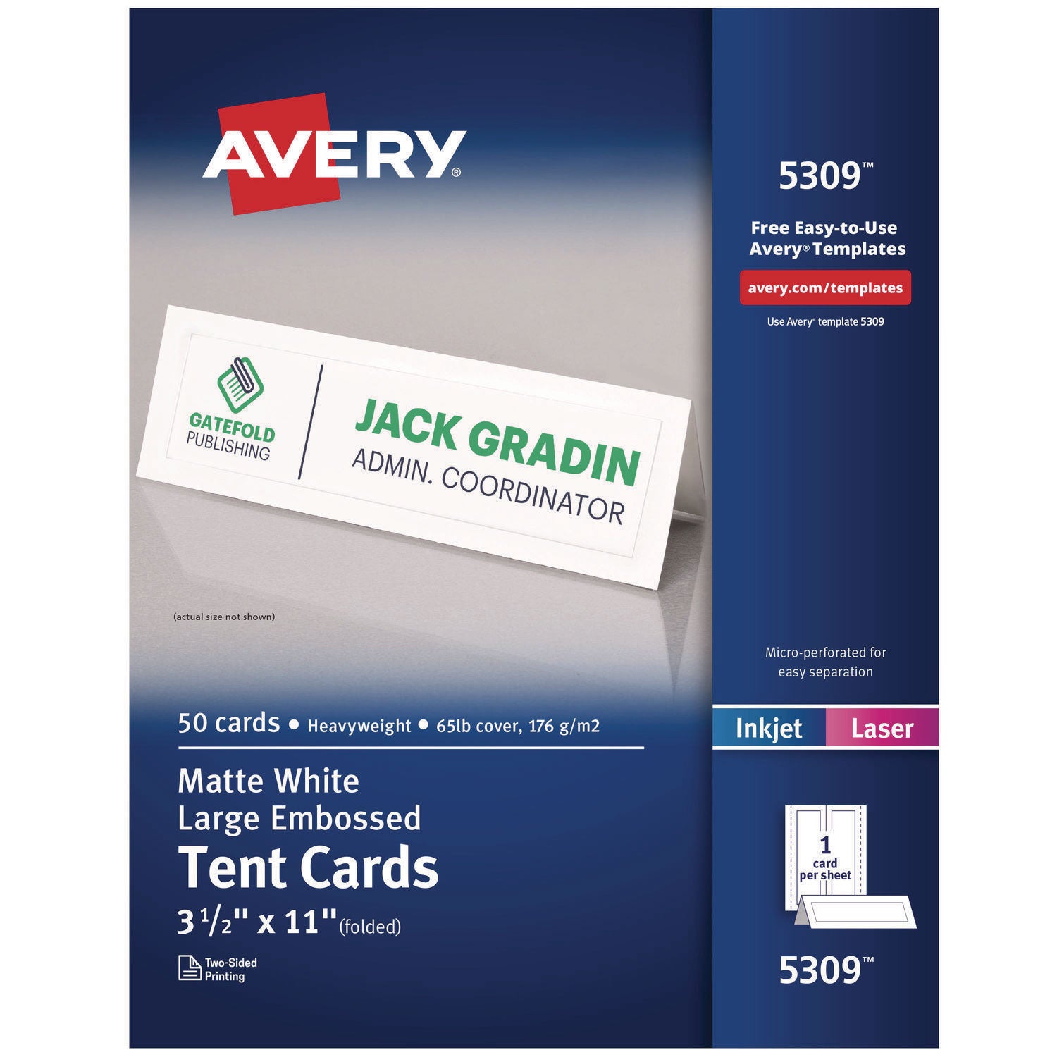 Avery® Large Embossed Tent Card, White, 3 1/2 x 11, 1 Card/Sheet, 50/Box
