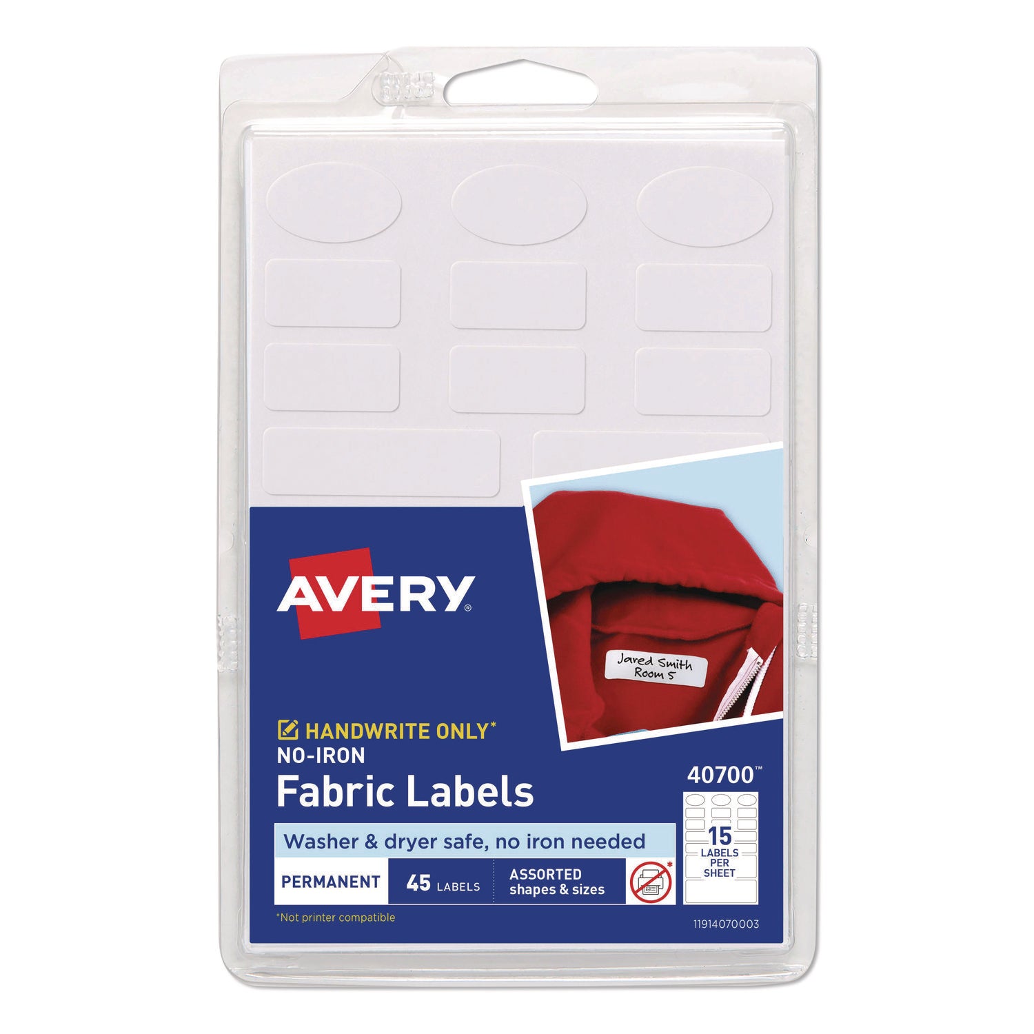 No-Iron Clothing Labels 45/Pkg White, Assorted Sizes