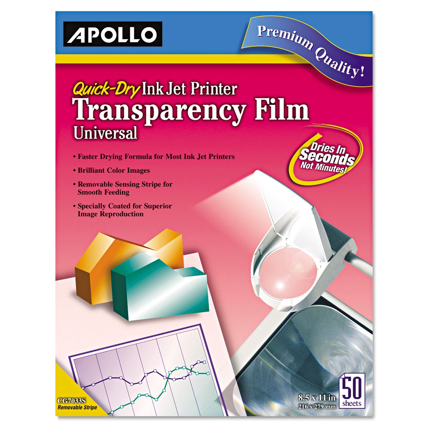 Apollo® Quick-Dry Color Inkjet Transparency Film, Letter, Clear, 50/Box