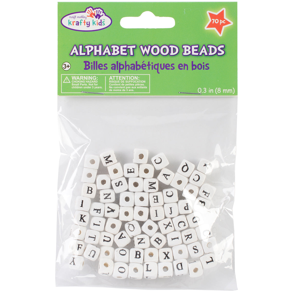 Wood Alphabet Beads 8mm 70/Pkg White