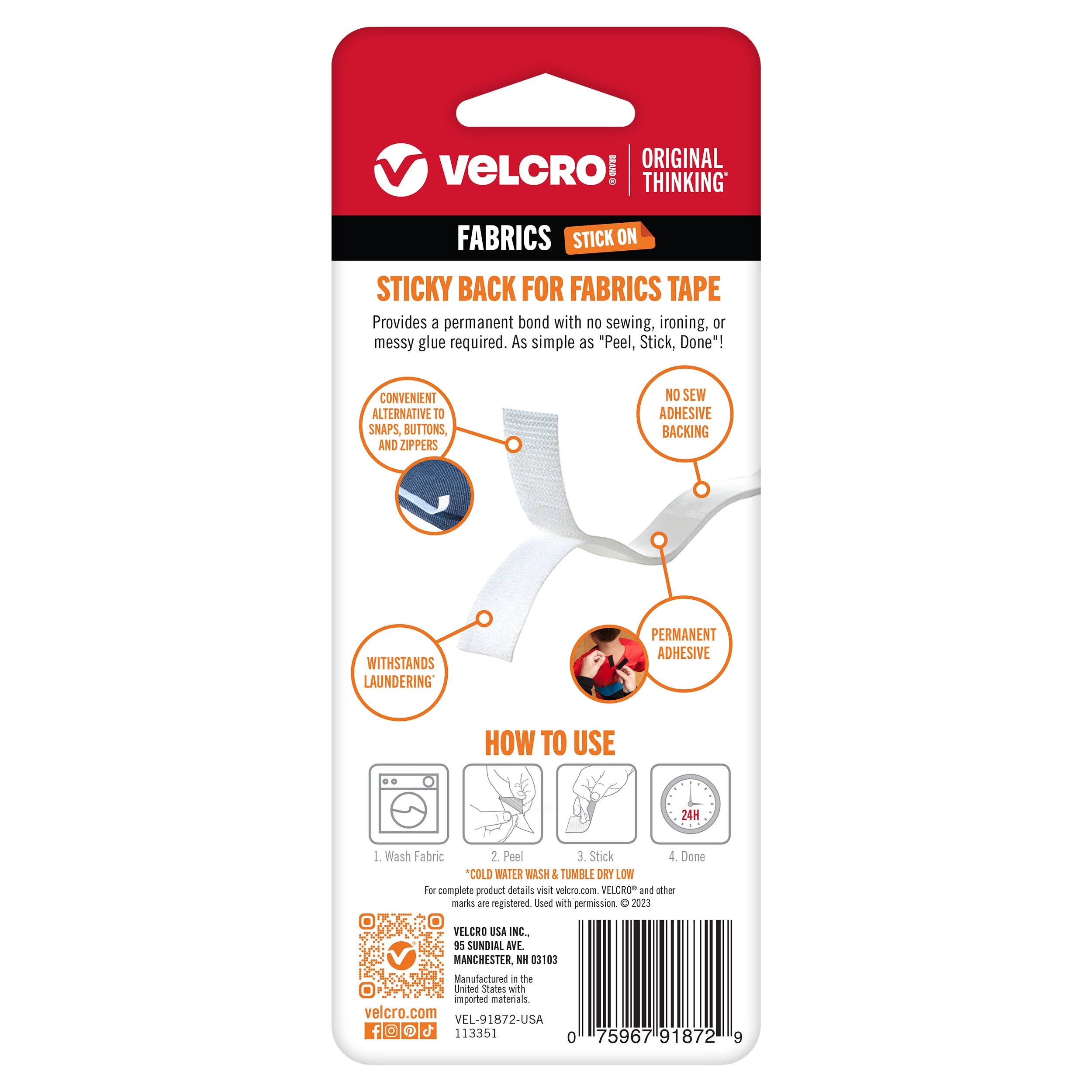 VELCRO(R) Brand STICKY BACK For Fabric Tape .75"X24" White