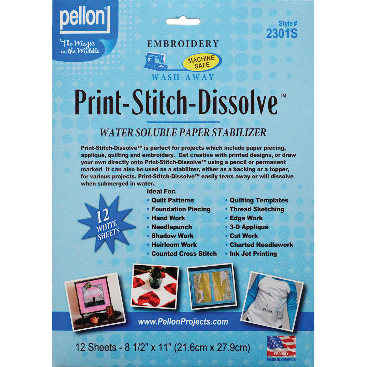 Print-Stitch-Dissolve Embroidery Paper Stabilizer White 8.5"X11" 12/Pkg