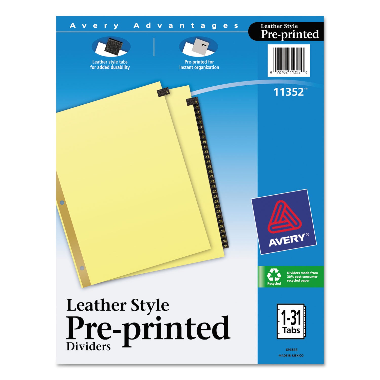 Avery® Preprinted Black Leather Tab Dividers w/Gold Reinforced Edge, 31-Tab, Ltr