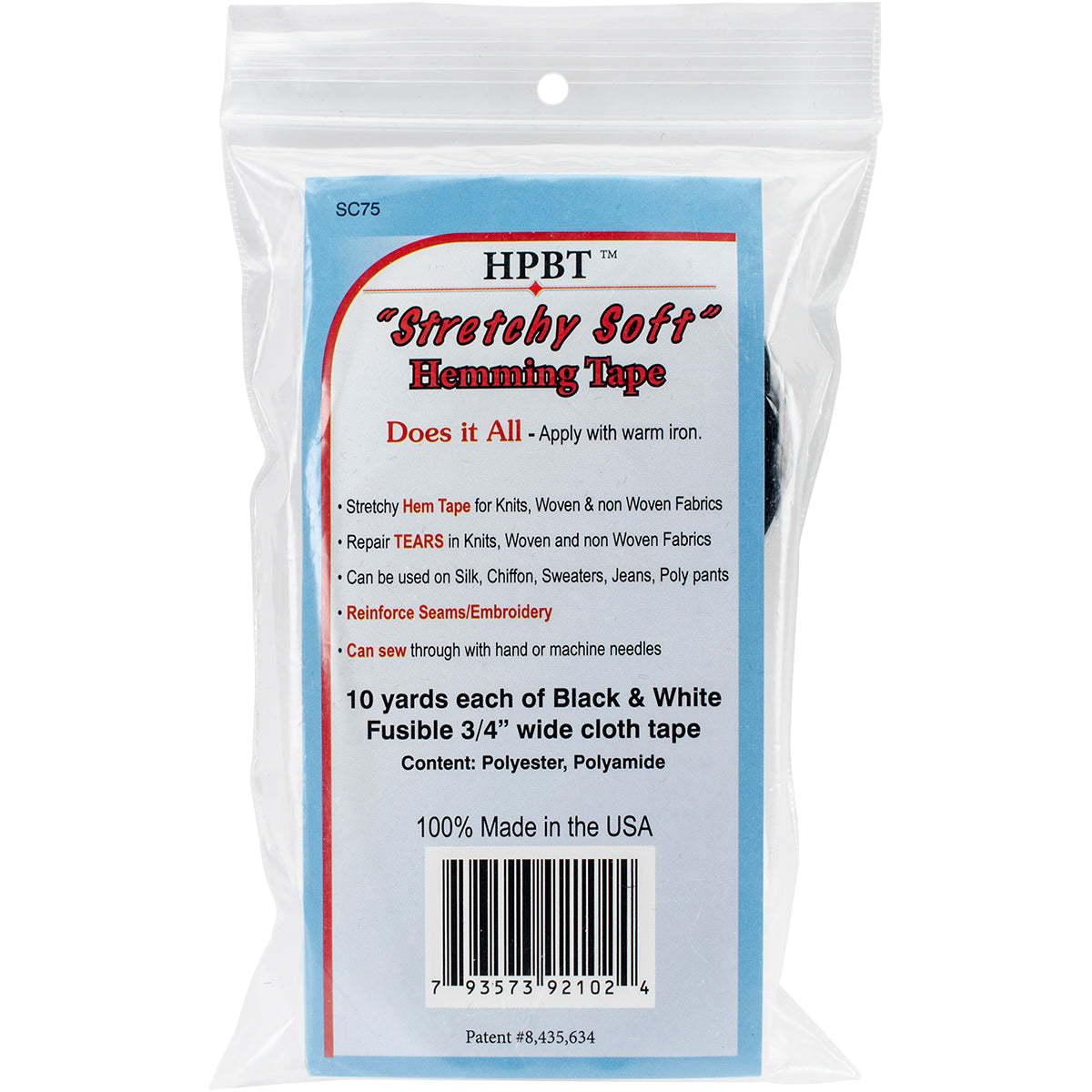 Heat Press Batting Together Hem Tape - Black & White .75"X10yd Each