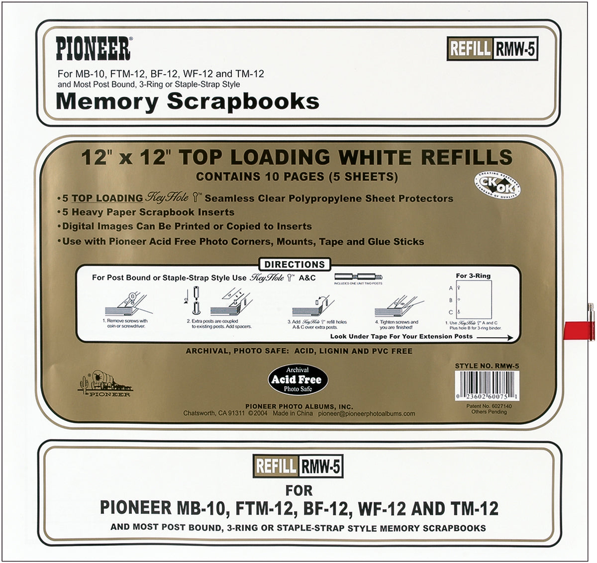 Pioneer Universal Top-Loading Page Protectors 5/Pkg 12"X12" (W/White Inserts)