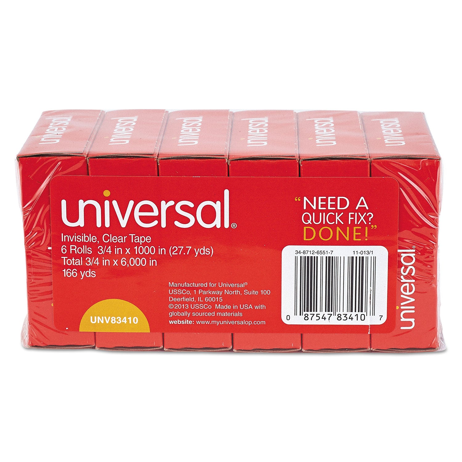 Universal® Invisible Tape, 3/4" x 1000", 1" Core, Clear, 6/Pack