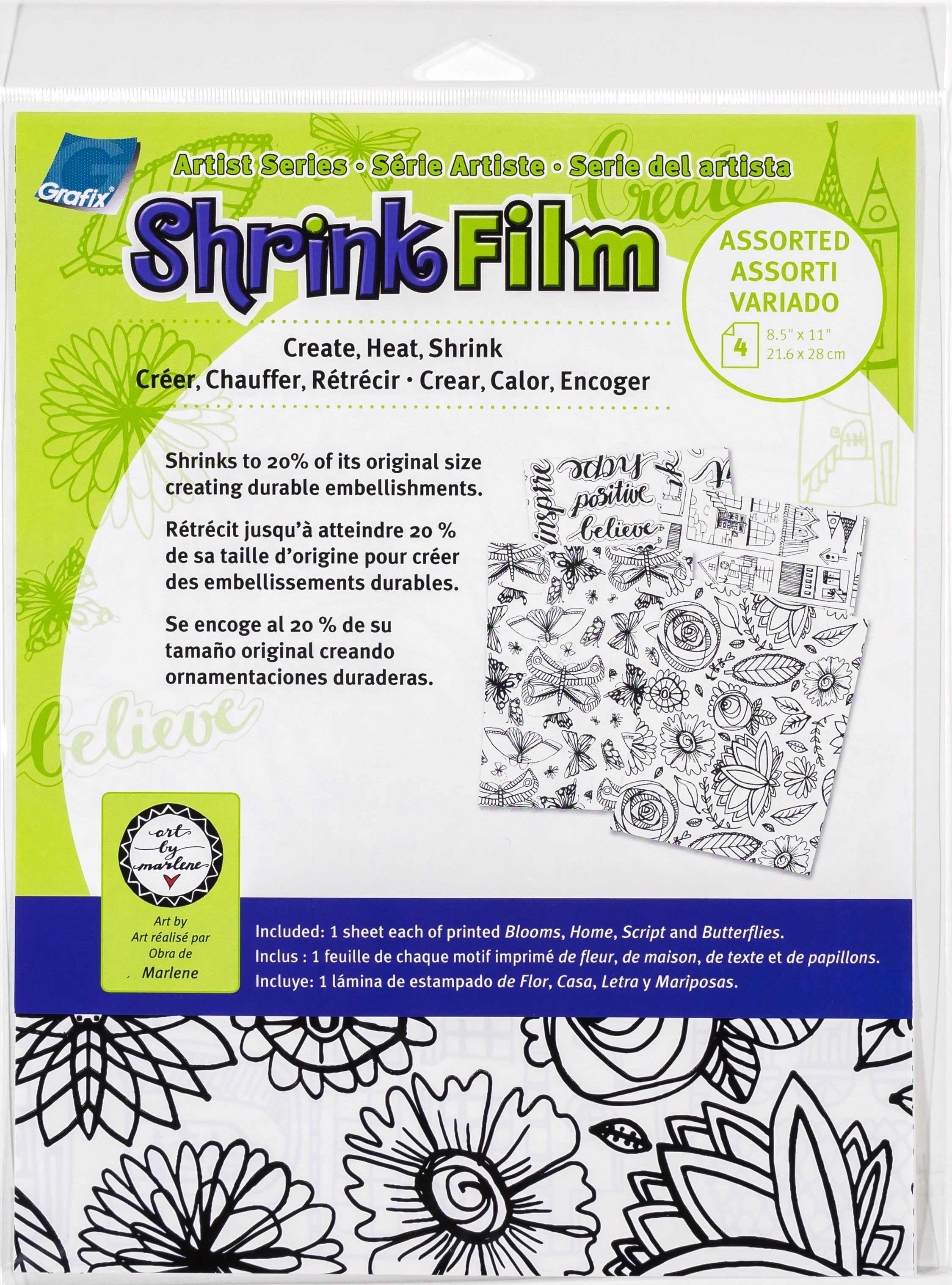 Artist Series Printed Shrink Film 8.5"X11" 4/Pkg Bloom, Home, Script, Butterflies