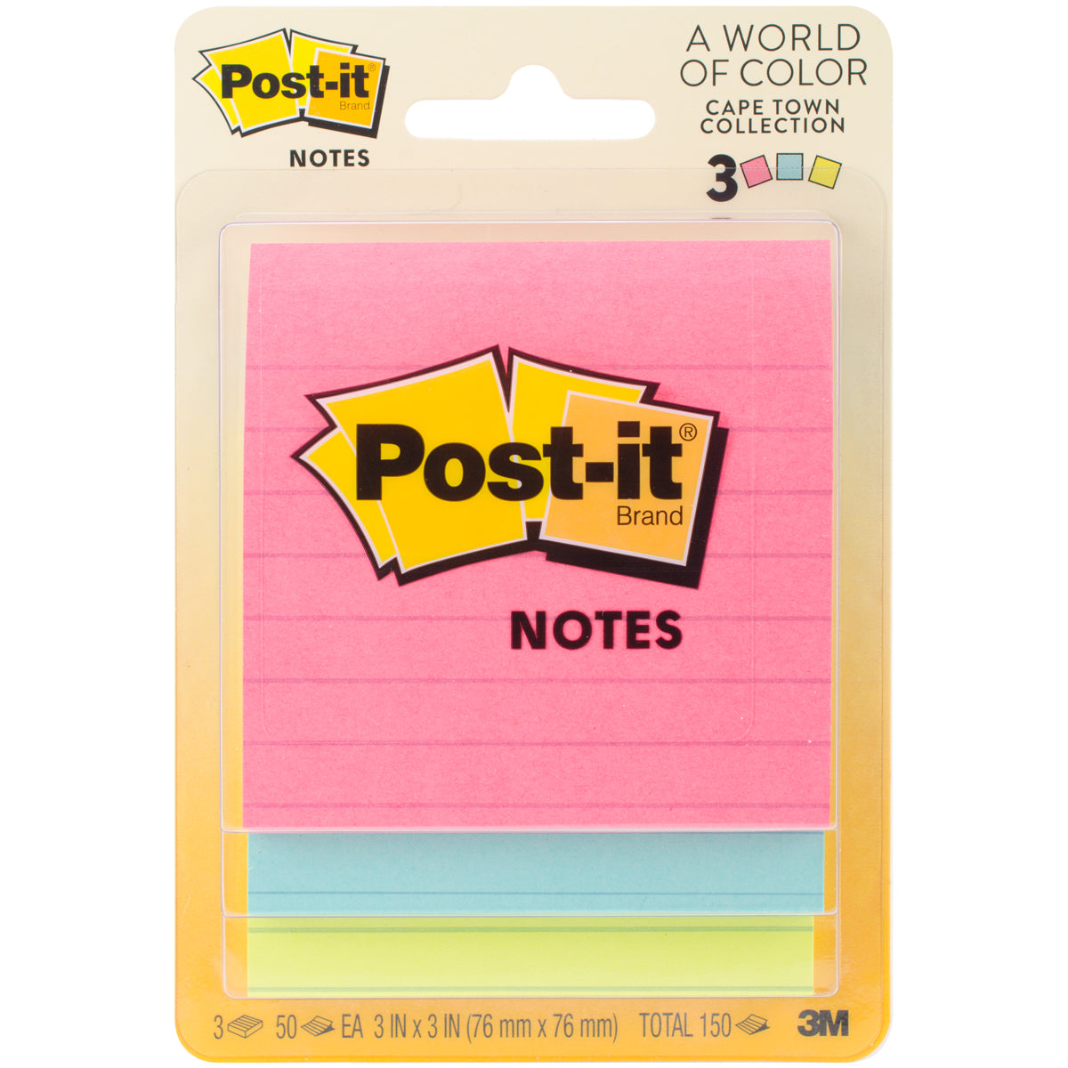 Post-It Sticky Notes 3"X3" 3/Pkg Cape Town W/50 Sheets