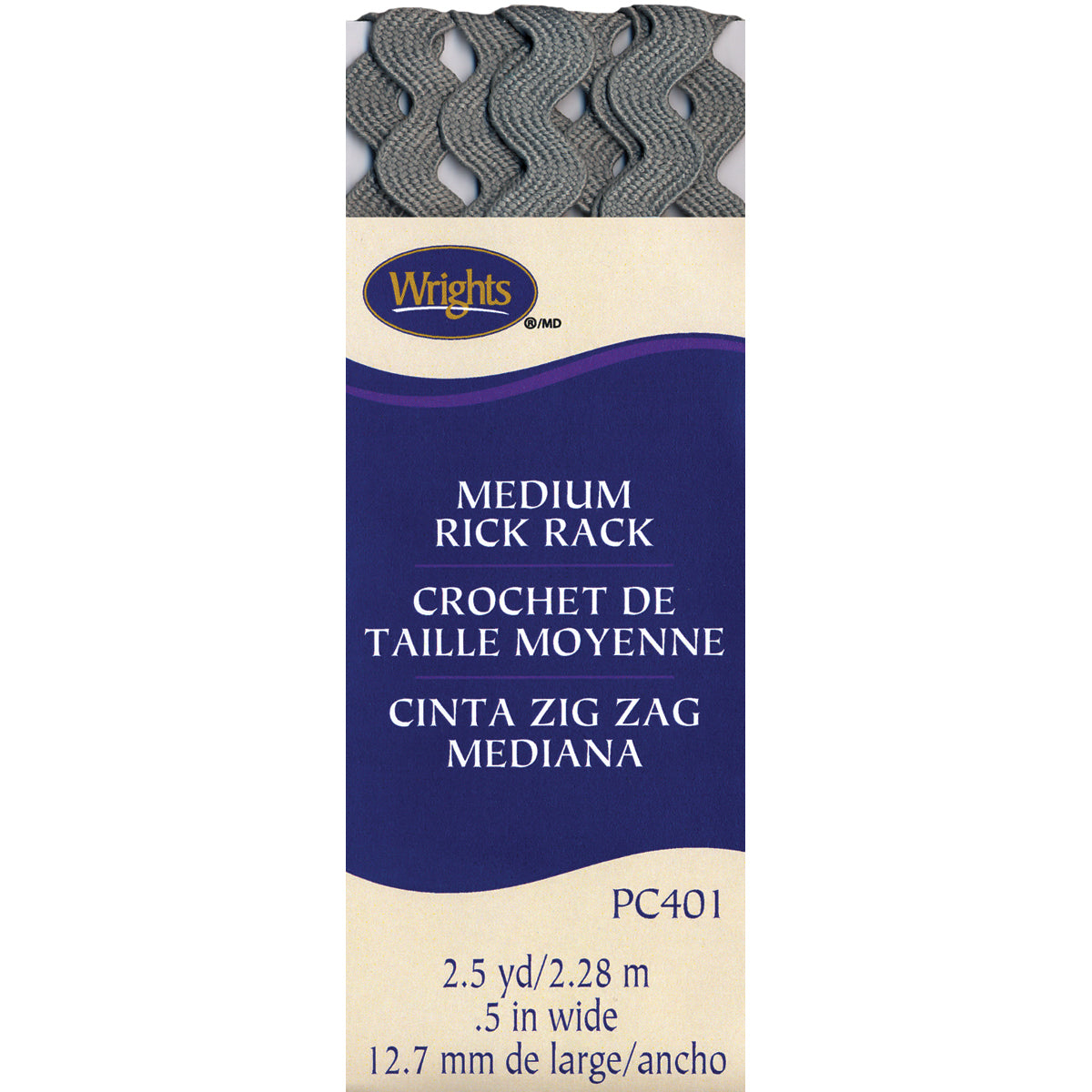 Medium Rickrack 1/2"X2-1/2yd Light Gray