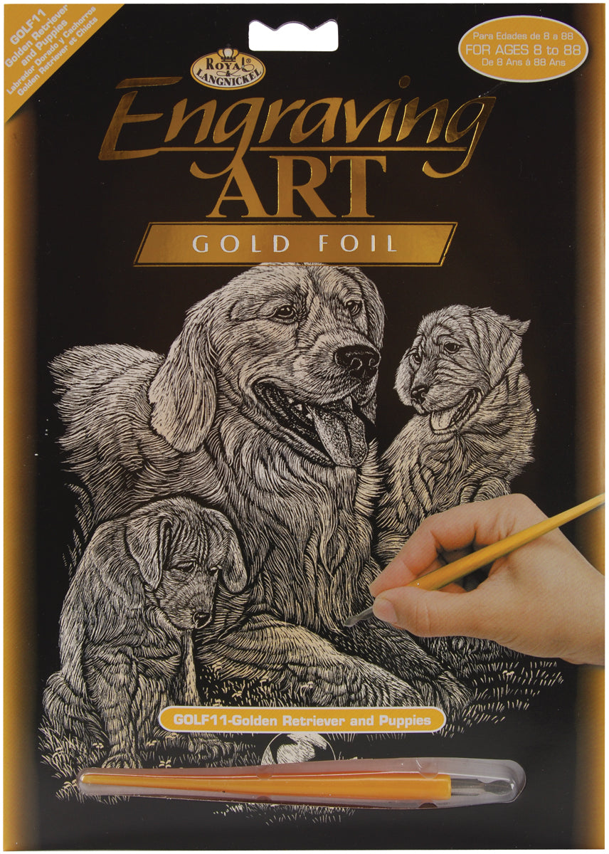 Gold Foil Engraving Art Kit 8"X10" Golden Retriever & Puppies