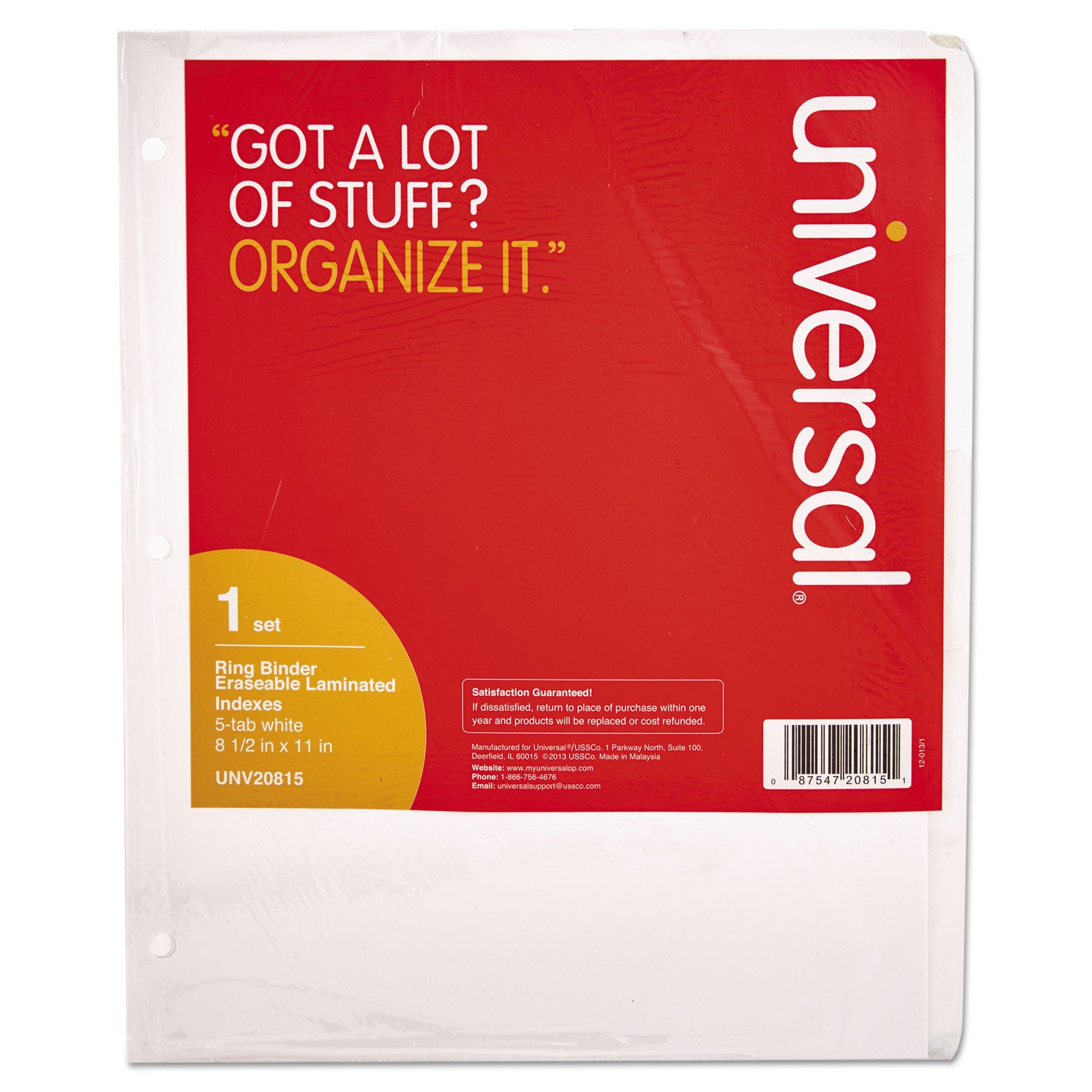 Universal® Write-On/Erasable Indexes w/White Tabs, 5-Tab, Letter, White