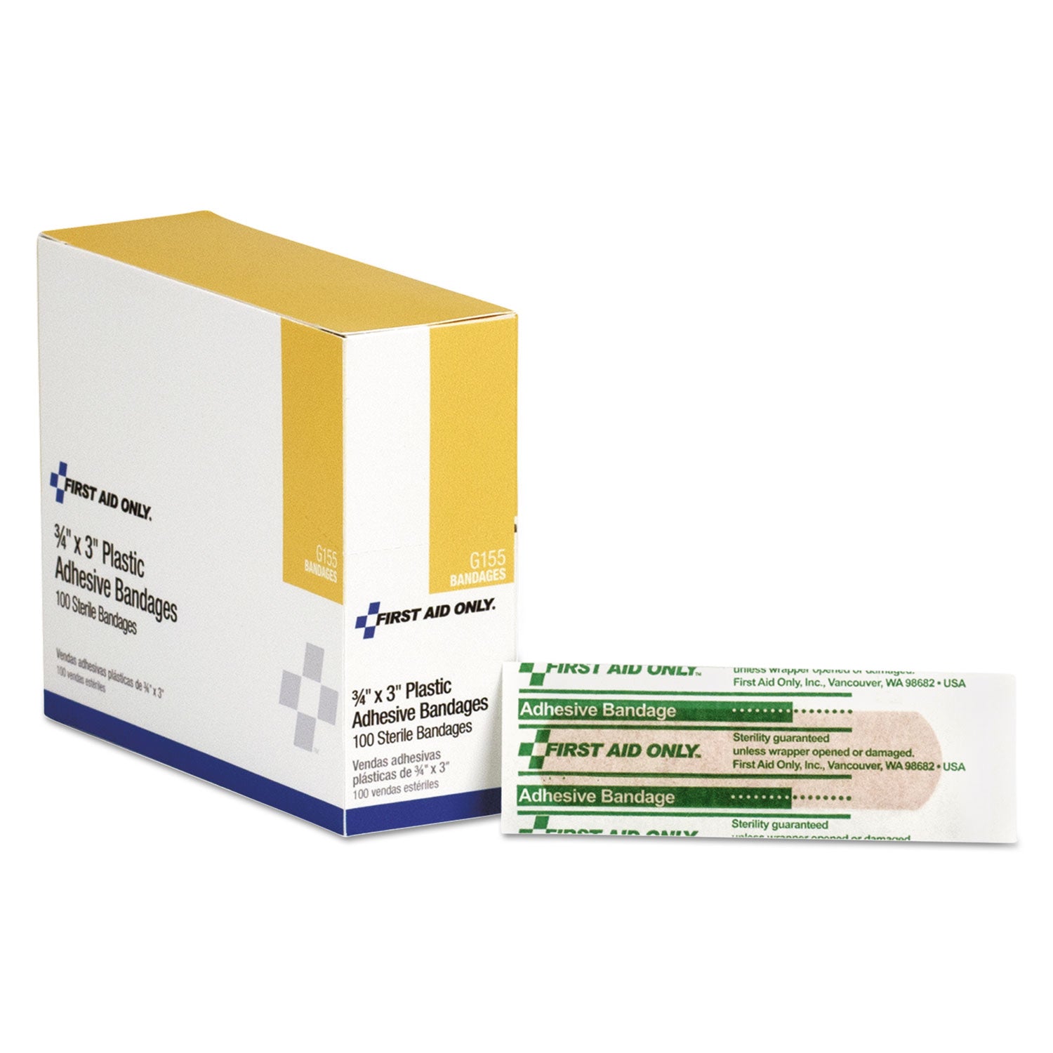First Aid Only™ Plastic Adhesive Bandages, 3 x 3/4, 100/Box