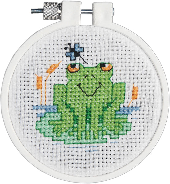 Kid Stitch Soggy Froggy Mini Counted Cross Stitch Kit 3" Round 11 Count