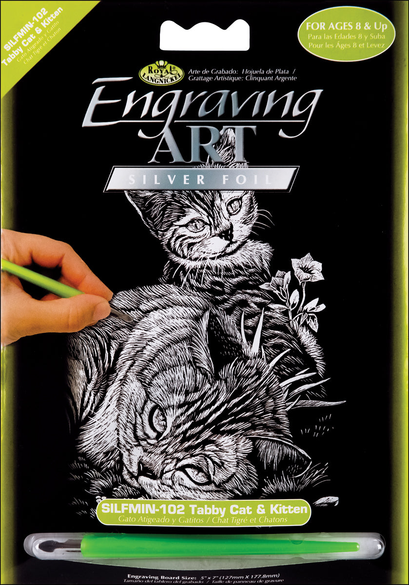 Silver Foil Engraving Art Mini Kit 5"X7" Tabby Cat & Kitten