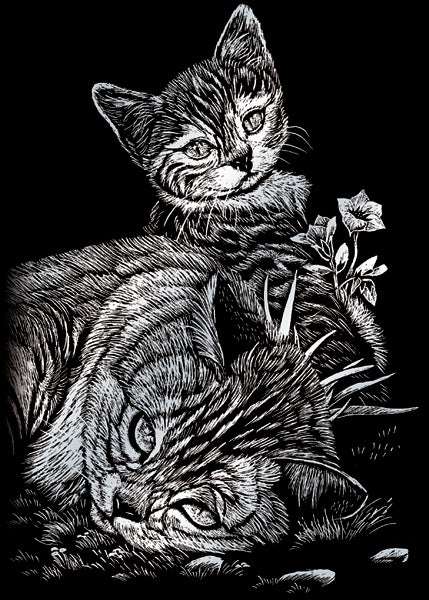 Silver Foil Engraving Art Mini Kit 5"X7" Tabby Cat & Kitten